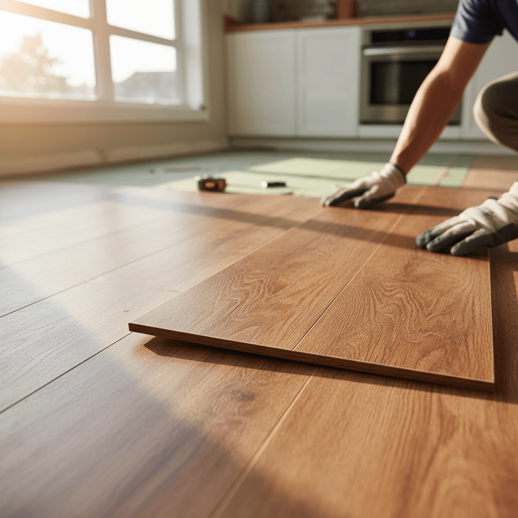 Luxury vinyl plank flooring installation in a kitchen