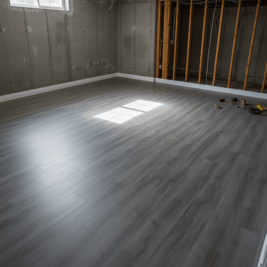 Completed laminate flooring in basement installation