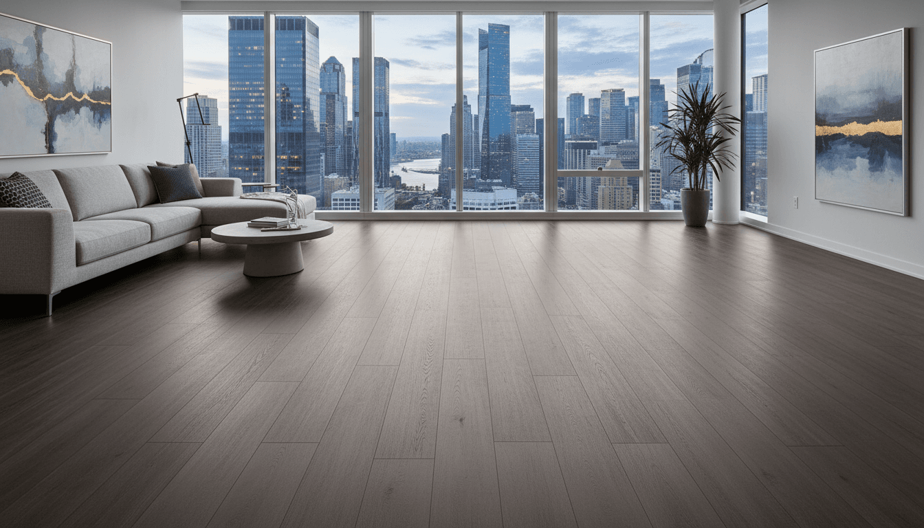 Luxury laminate flooring in modern living room with city view background.