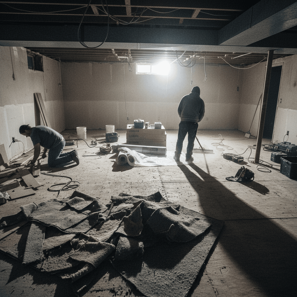 Complete renovation workspace with flooring removal and subfloor preparation